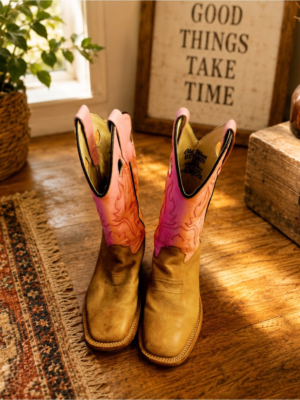 Pink/Tan leather Western Boots